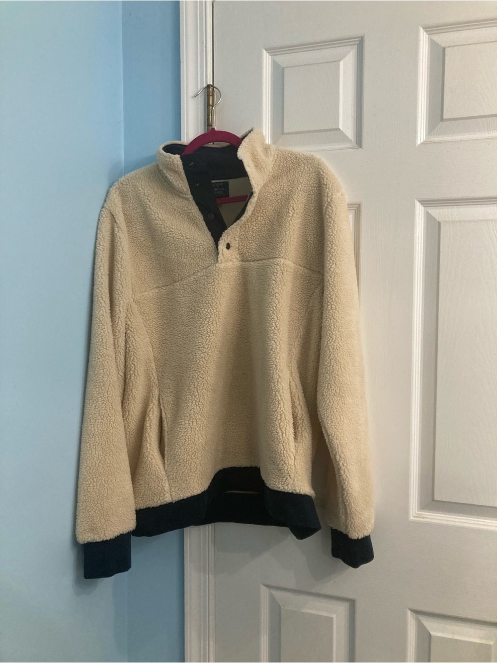 J. Crew Cream Sherpa Zip Pullover with Black Trim
